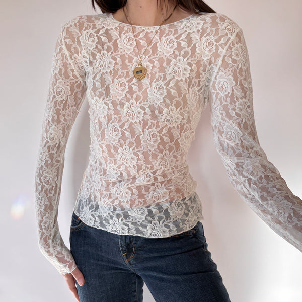 90s Cream Lace Longsleeve Top (M)