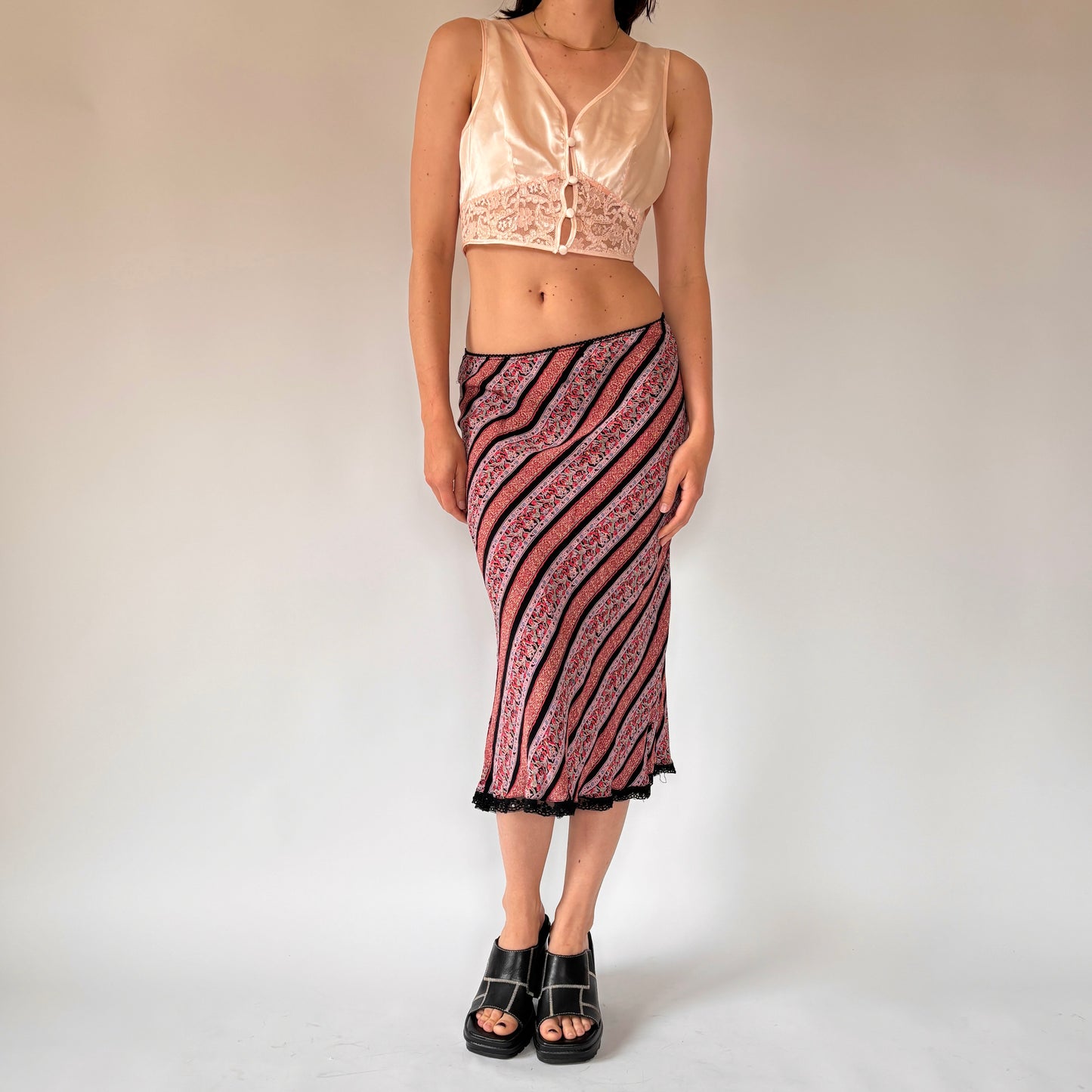 90s Floral Striped Midi Skirt (XS/S)