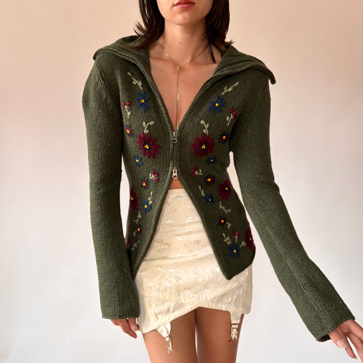 90s Floral Double Zip Sweater (M)