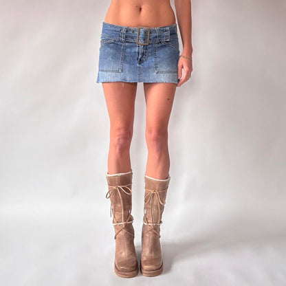 Y2K Belted Denim Micro Mini Skirt (XS)