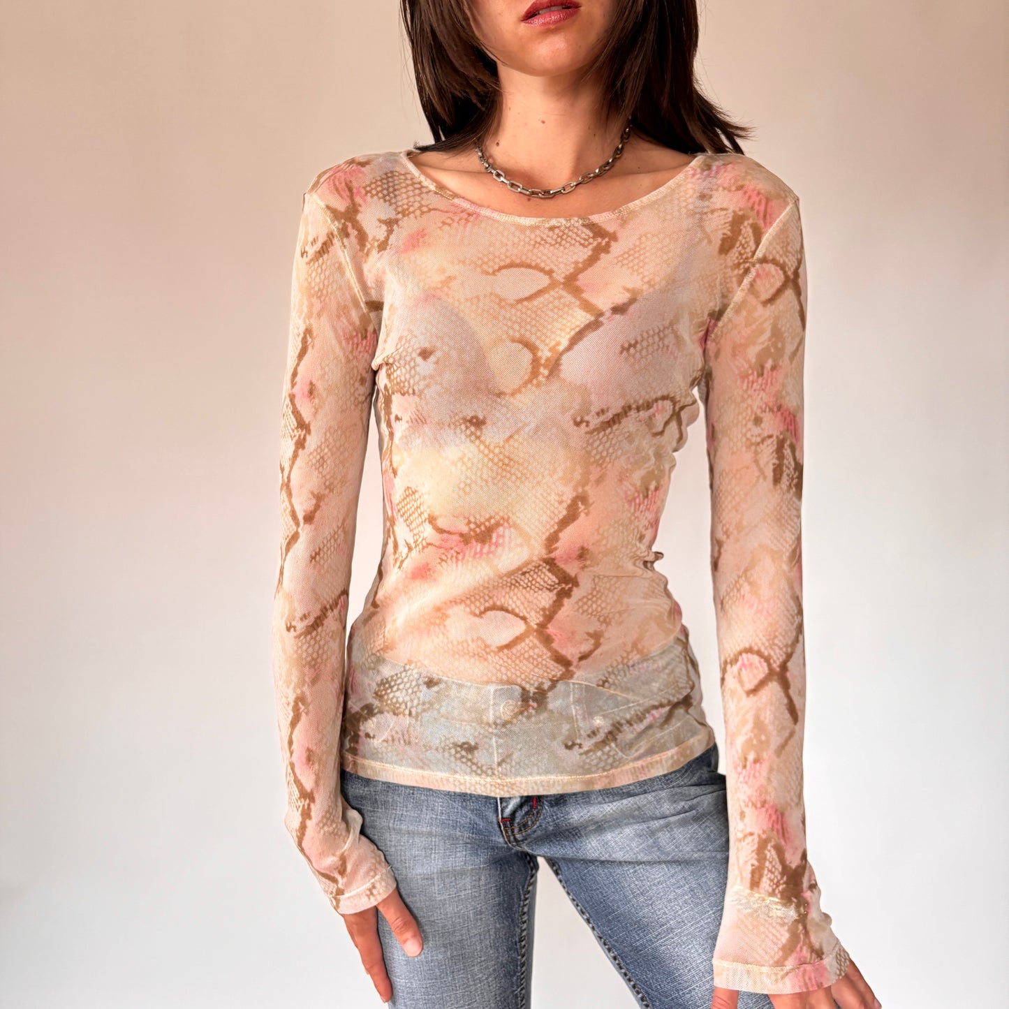 Y2K Mesh Snakeskin Longsleeve Top (M)