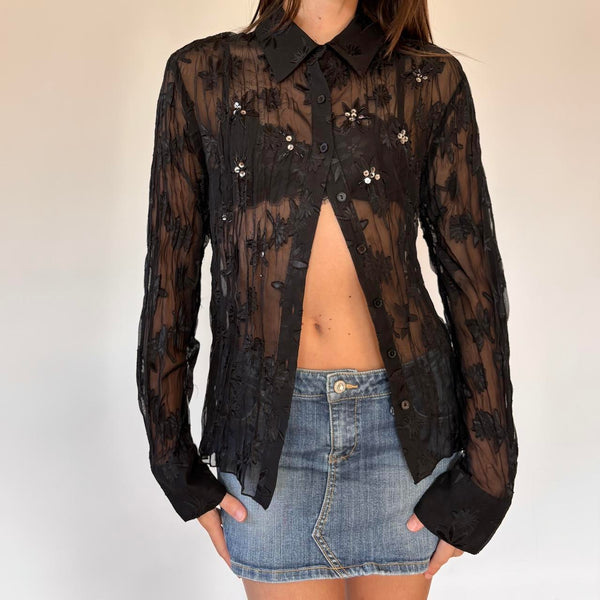 Y2K Sheer Beaded Blouse (L)