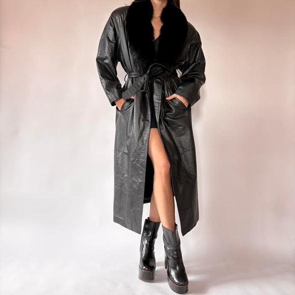 80s Leather & Fur Trench (M)