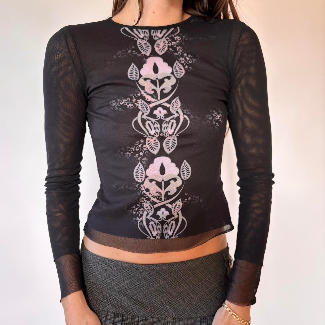 Benetton Graphic Mesh Longsleeve Top (XS)