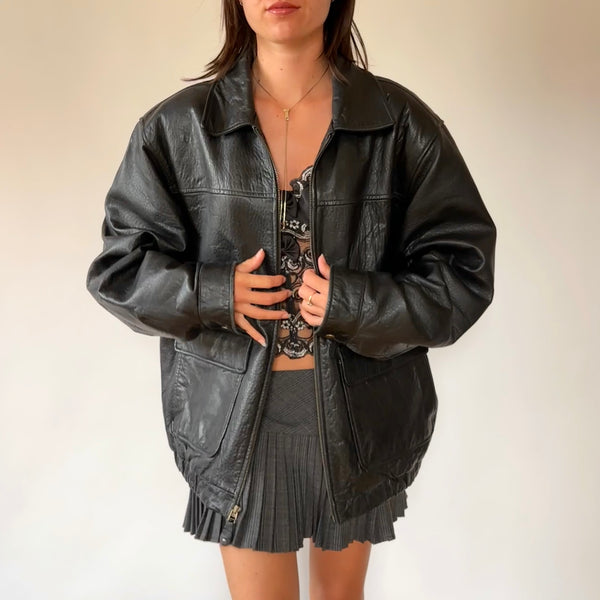 90s Genuine Leather Bomber Jacket (XL)