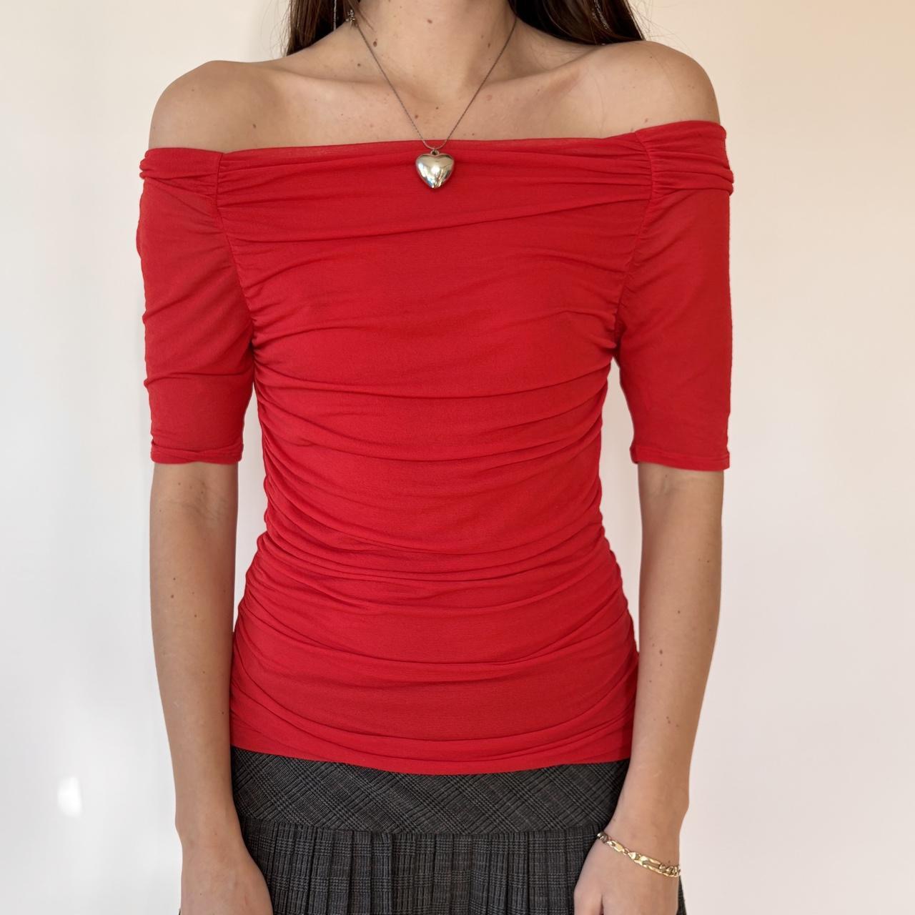 Cherry Silk Mesh Off Shoulder Top (S)
