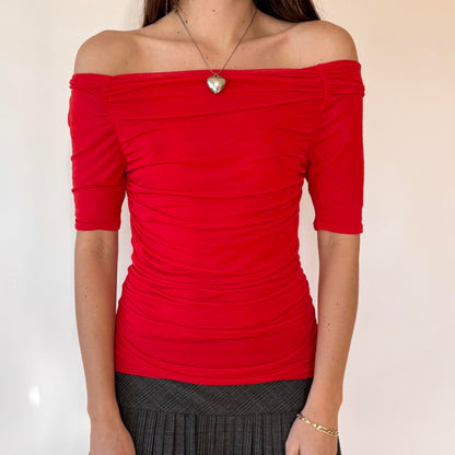 Cherry Silk Mesh Off Shoulder Top (S)