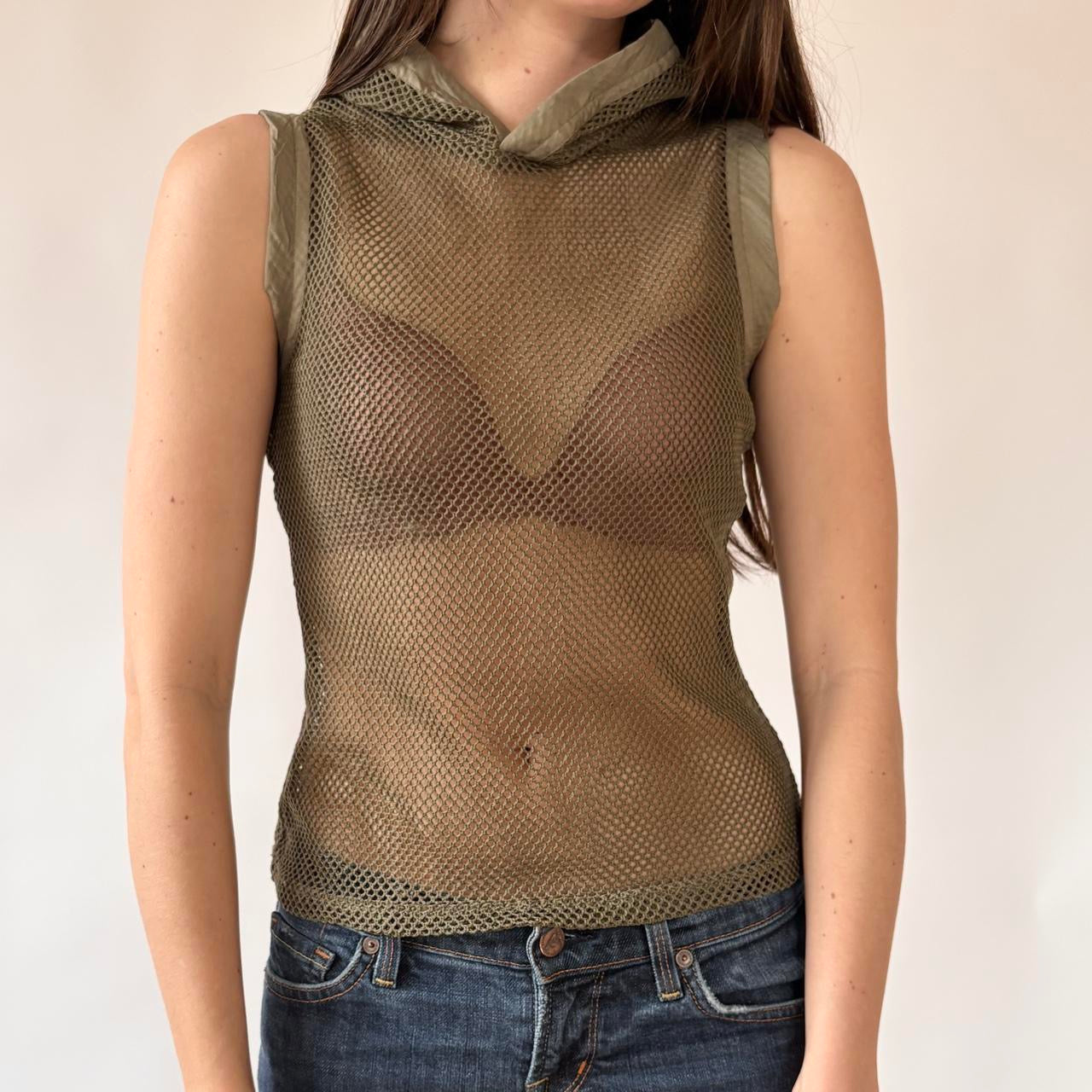 Hooded Olive Mesh Top (S)