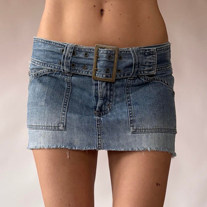Y2K Belted Denim Micro Mini Skirt (XS)
