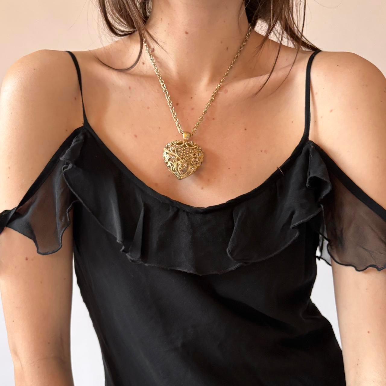 Gold Tone Puffy Heart Necklace