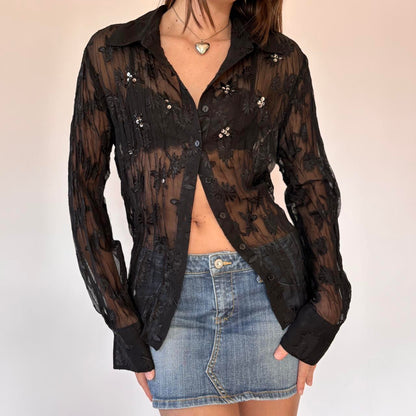 Y2K Sheer Beaded Blouse (L)