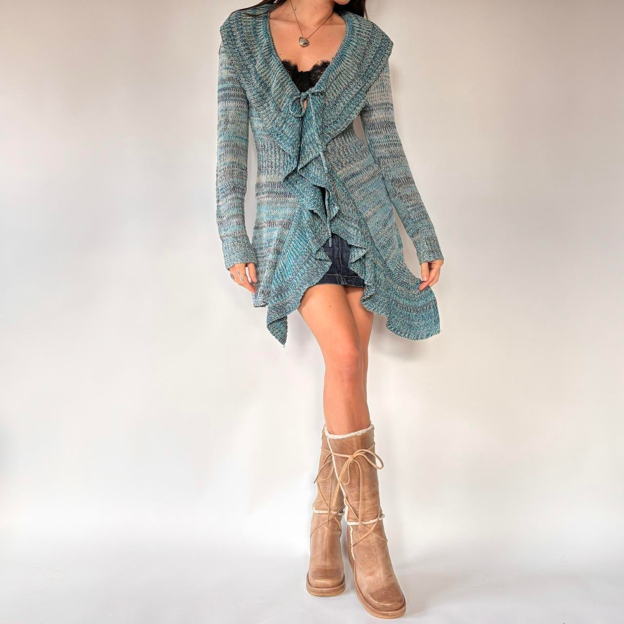 Y2K Ruffly Knit Blue Cardigan (S/M)