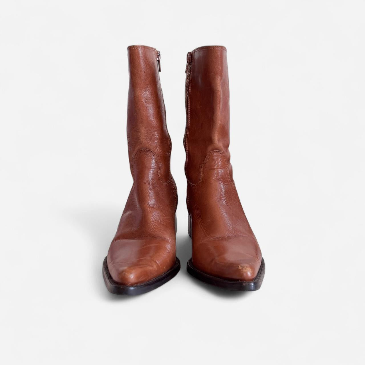Y2K Cognac Leather Pointed Toe Boots (8)