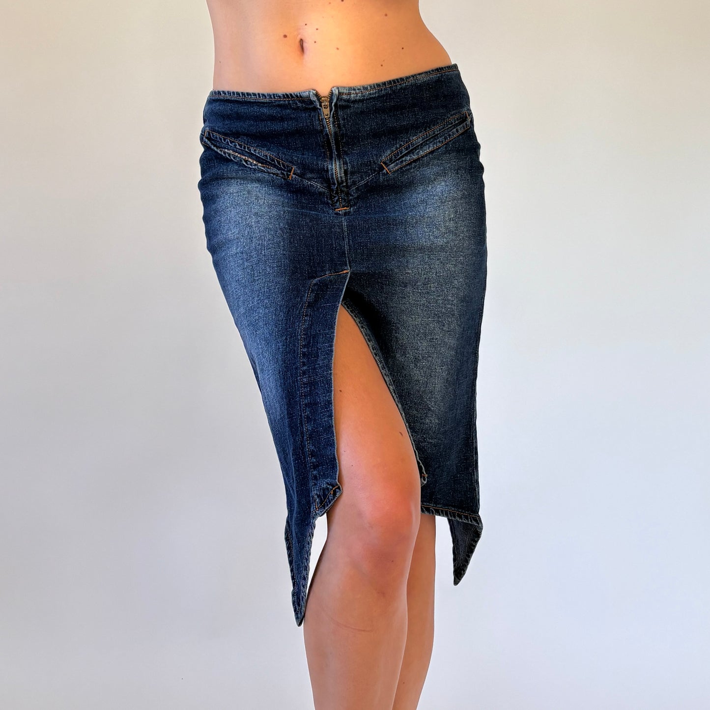 Y2K Asymmetrical Denim Midi Skirt (XS)