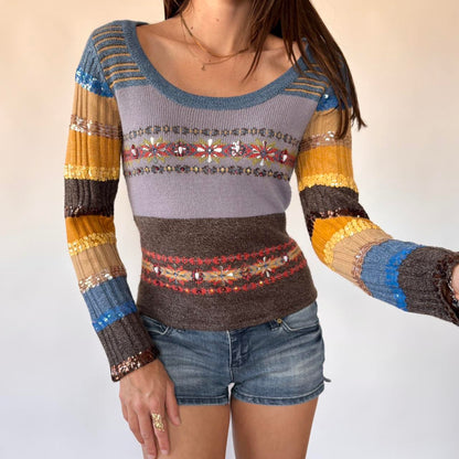 Y2K Sequined Stripy Sweater (S/M)