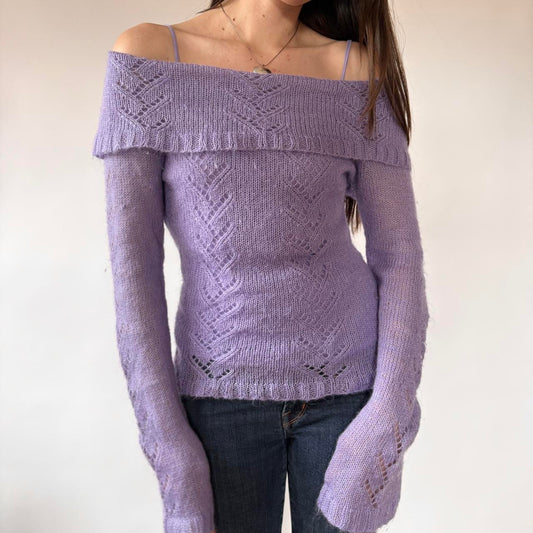 Y2K Lilac Off Shoulder Knit Sweater (M)