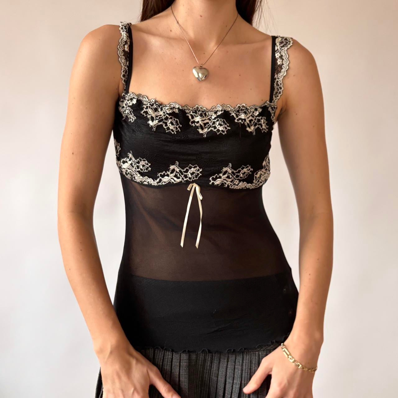 Y2K Embroidered Mesh Cami Top (S/M)