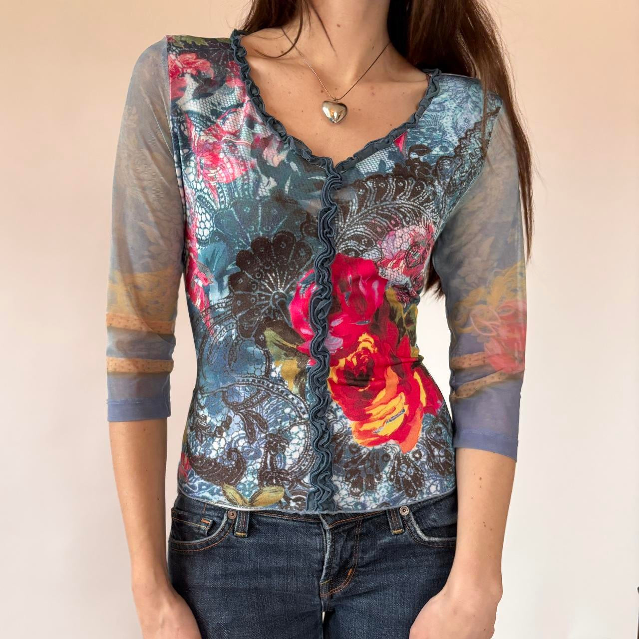 Y2K Floral Mesh Sleeve Top (M/L)