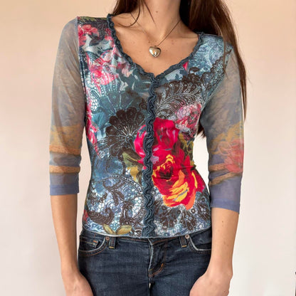 Y2K Floral Mesh Sleeve Top (M/L)