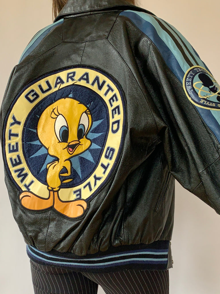 Vintage 90s Looney Tunes varsity style leather bomber jacket